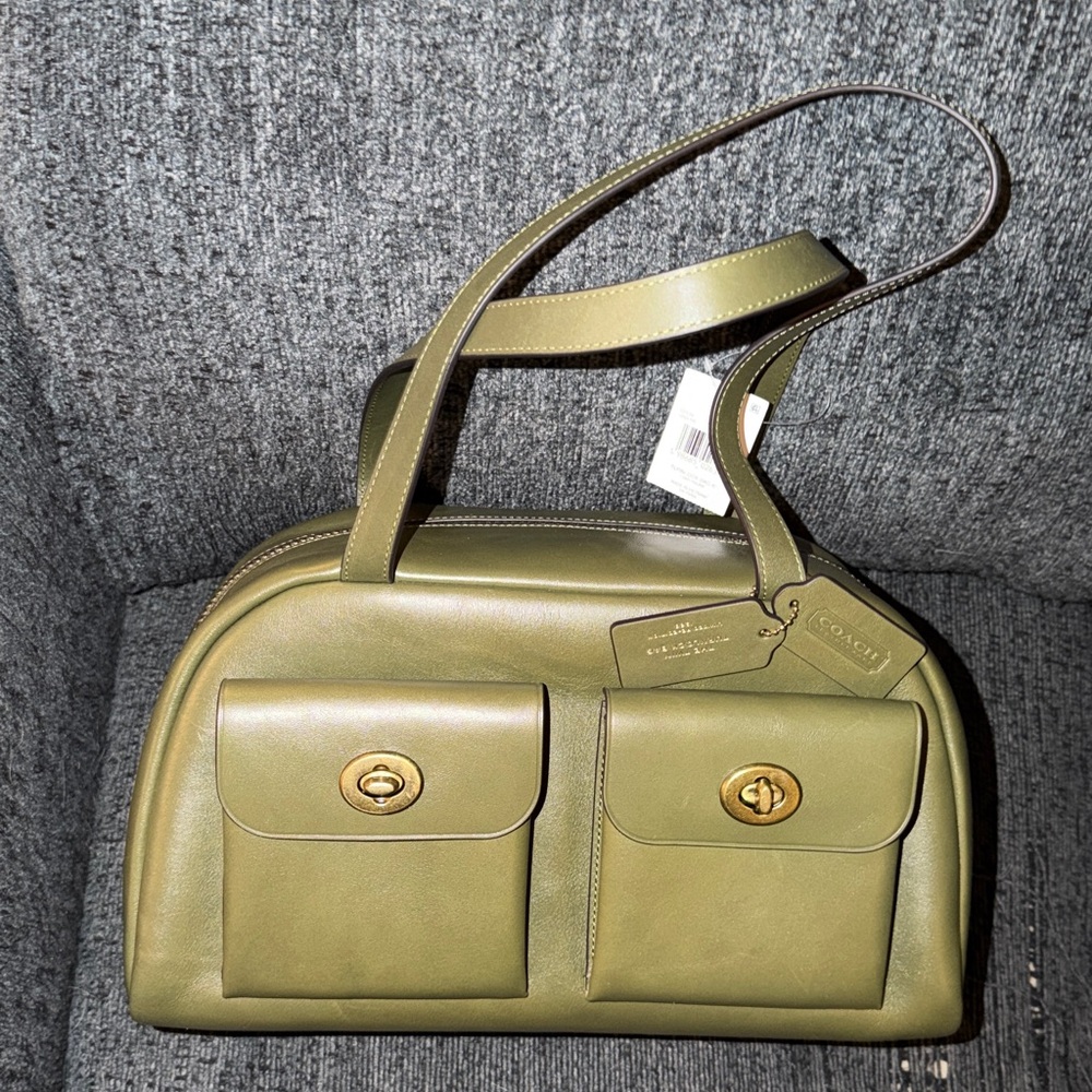 Coach Twin Turnlock Bag in Dark Brass/Olive Green Waxed Smooth Leather NWT